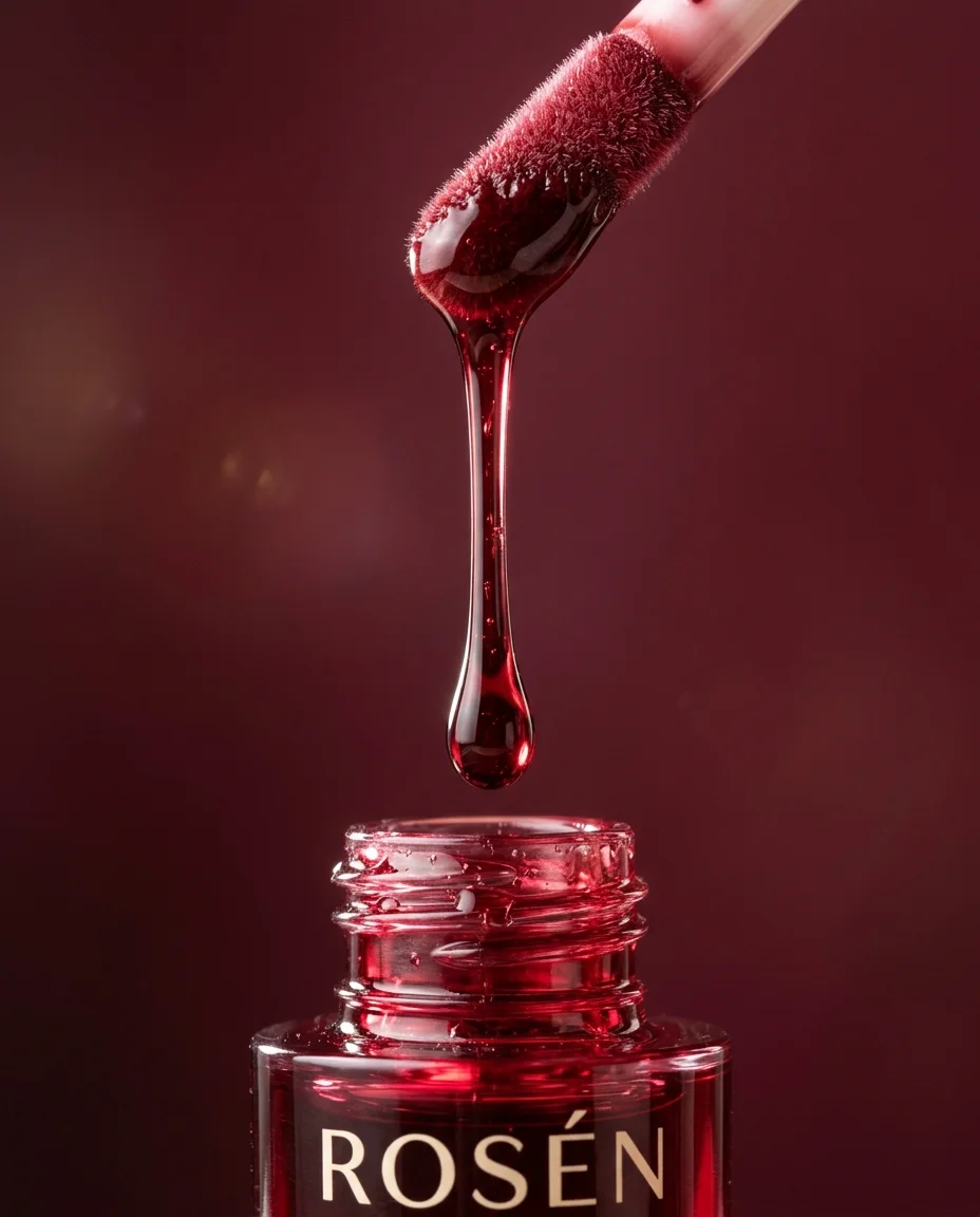 Extreme Makro-Nahaufnahme eines weichen Doe-Foot-Applikatorstabs, der über einer Premium-Lippenölflasche schwebt. Der dicke glänzende Tropfen...