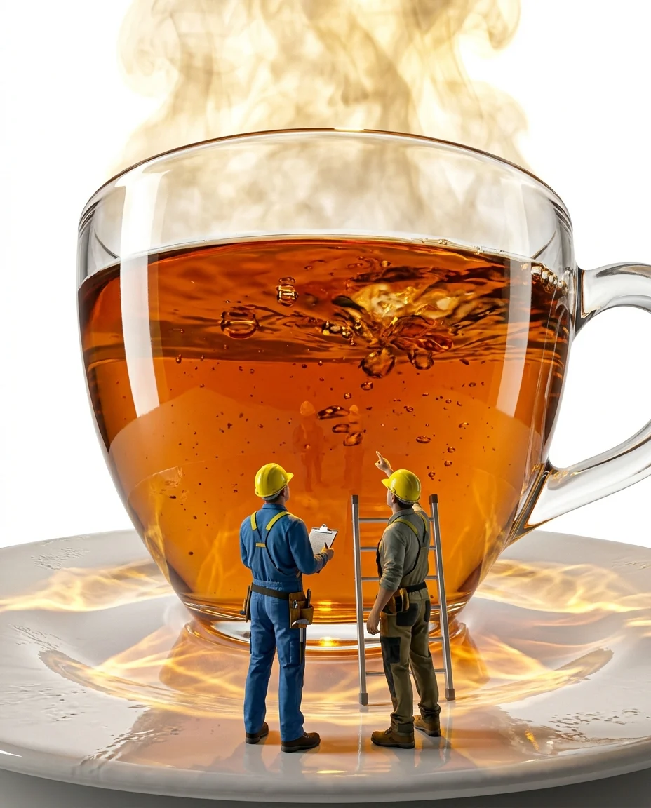 Photo de produit macro 8K ultra-réaliste, perspective en contre-plongée regardant vers le haut une tasse à thé géante en verre transparent depuis le niveau de