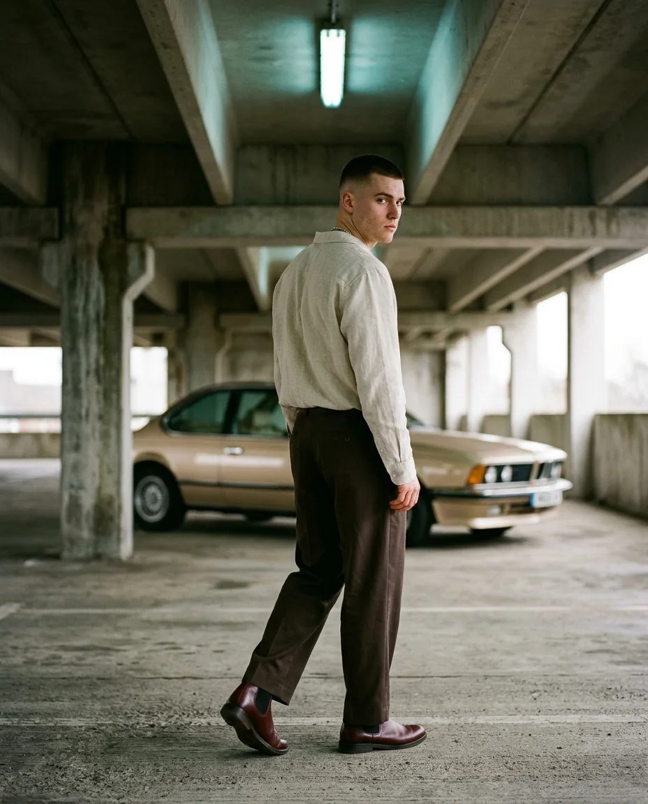 Young man in oatmeal linen shirt walking away from a vintage BMW, looking over his shoulder in a concrete parking structure