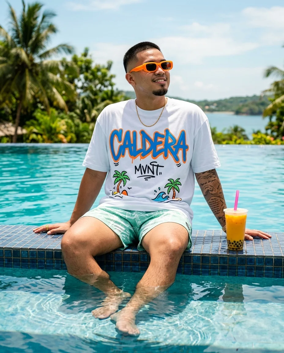Filipino man sitting on the pool edge with feet in turquoise water, ripples spreading, boba tea beside him on the deck