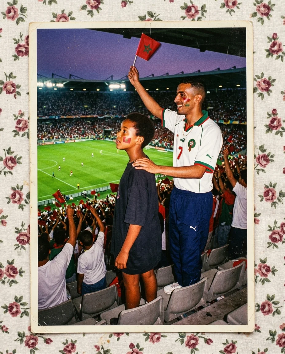 Una fotografía escaneada colocada sobre un mantel floral con estampado de pequeñas rosas vintage, la foto ocupa casi todo el encuadre...