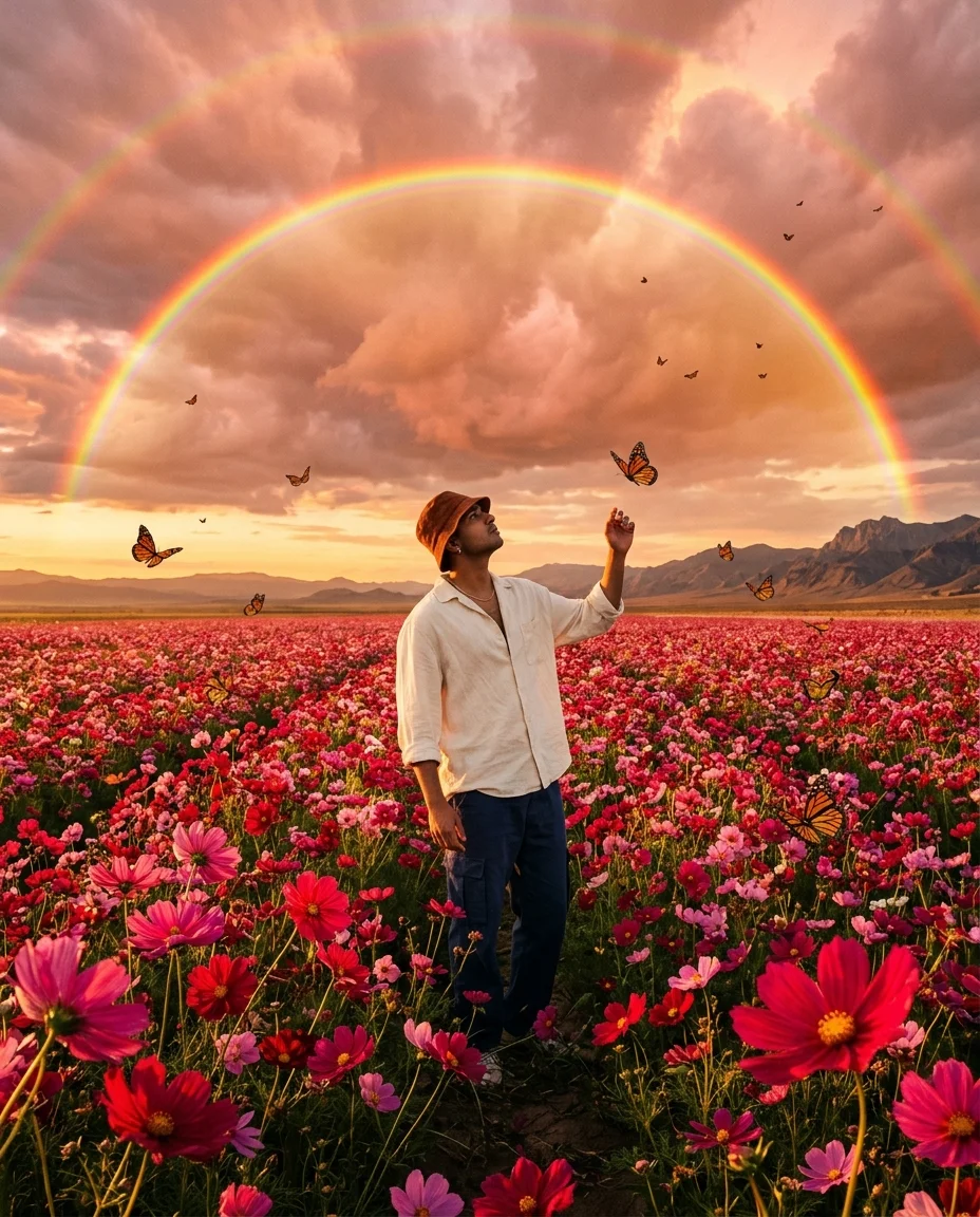 Wide shot of an endless magenta cosmos flower field with a small figure standing center, double rainbow above, butterflies drifting, golden-hour light