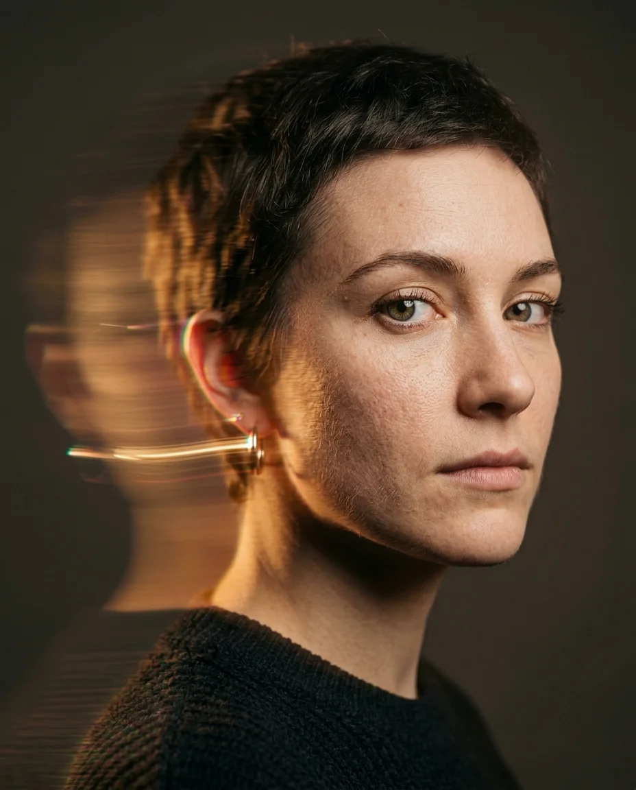 Three-quarter portrait with horizontal amber chromatic streaks flowing past the profile, one eye sharp, warm tungsten light