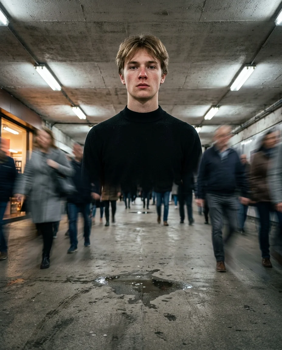 Low-angle shot of a man in black mock-neck standing still, towering over the camera, motion-blurred crowd rushing past at shoulder height
