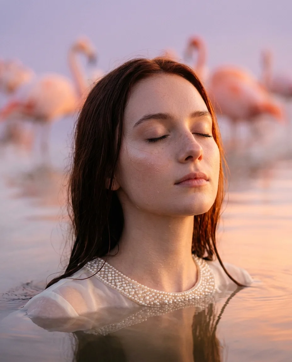 Close-up of an ethereal woman with auburn hair, eyes closed, peach light on her skin, blurred pink flamingos and lavender sky behind