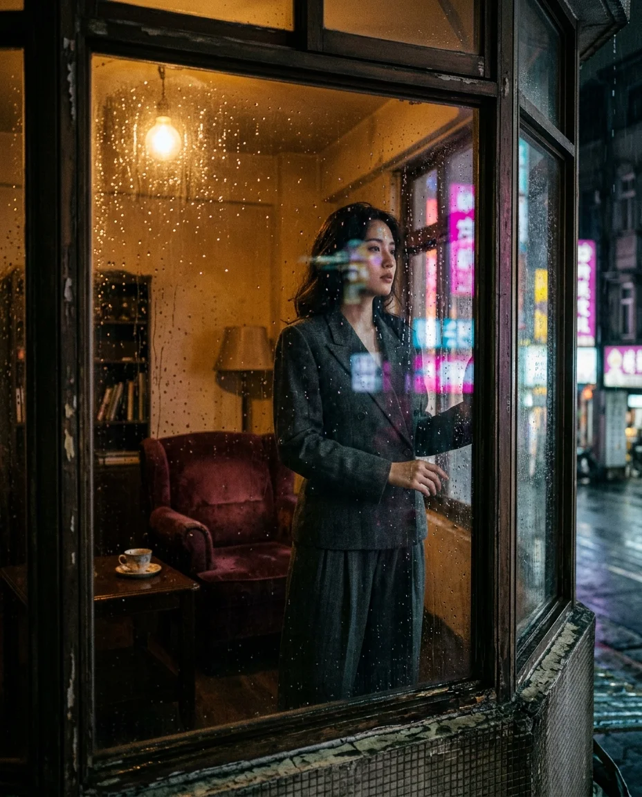 Shot from outside through rain-beaded glass into a dim Taipei apartment, a woman in 1940s suit visible inside, neon reflections overlaying her figure