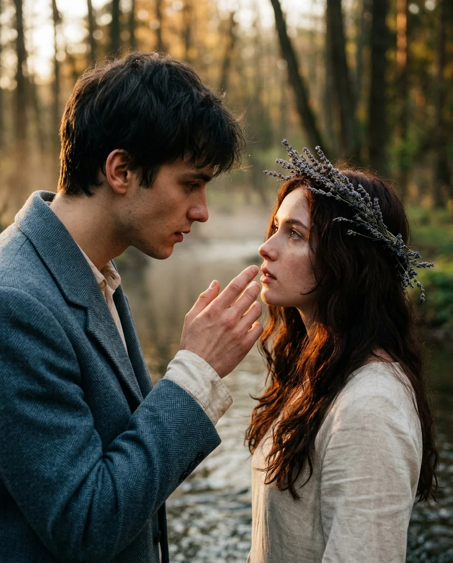 Close-up of a man's hand reaching toward a woman's cheek in a misty forest creek, fingertips almost touching, amber light on his knuckles