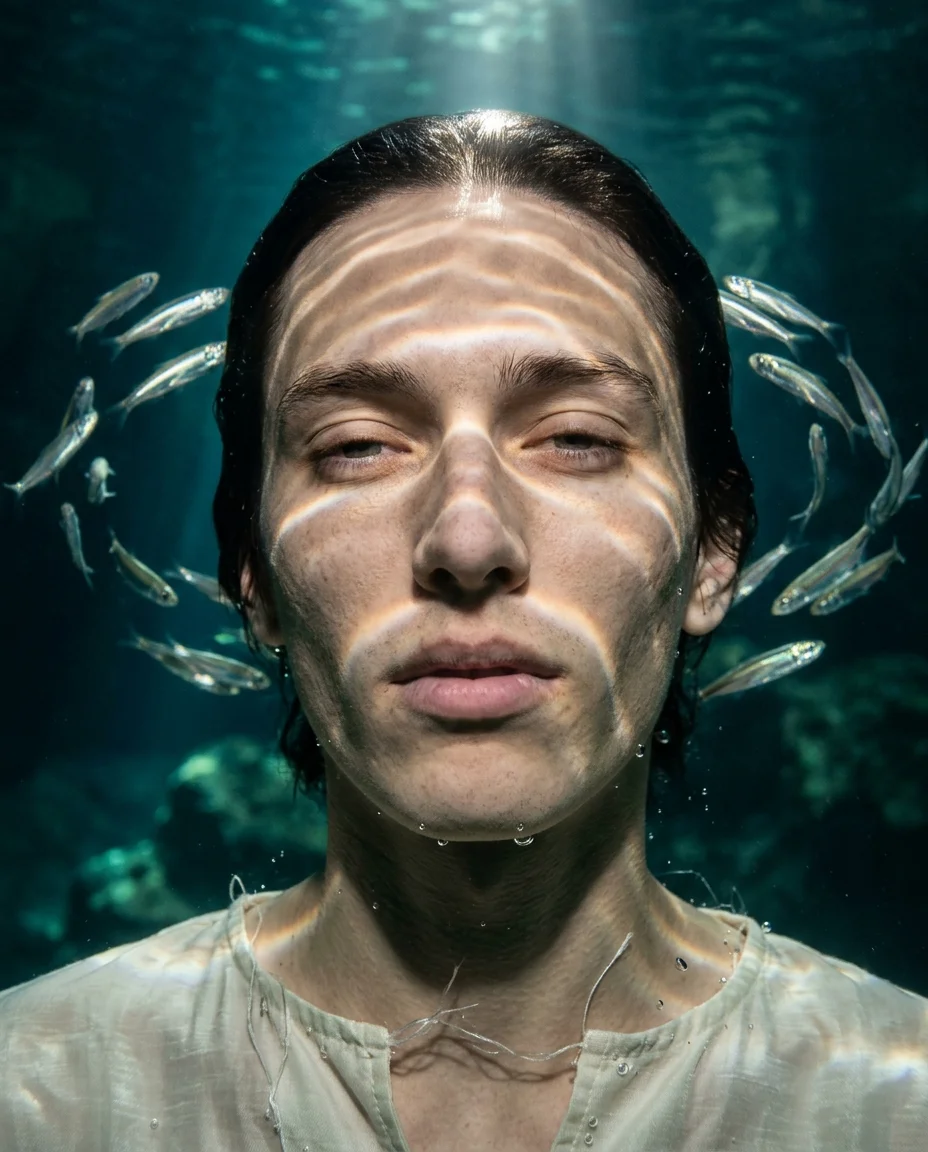 Underwater close-up portrait with caustic light patterns rippling across the model's face, silver anchovies circling behind the head