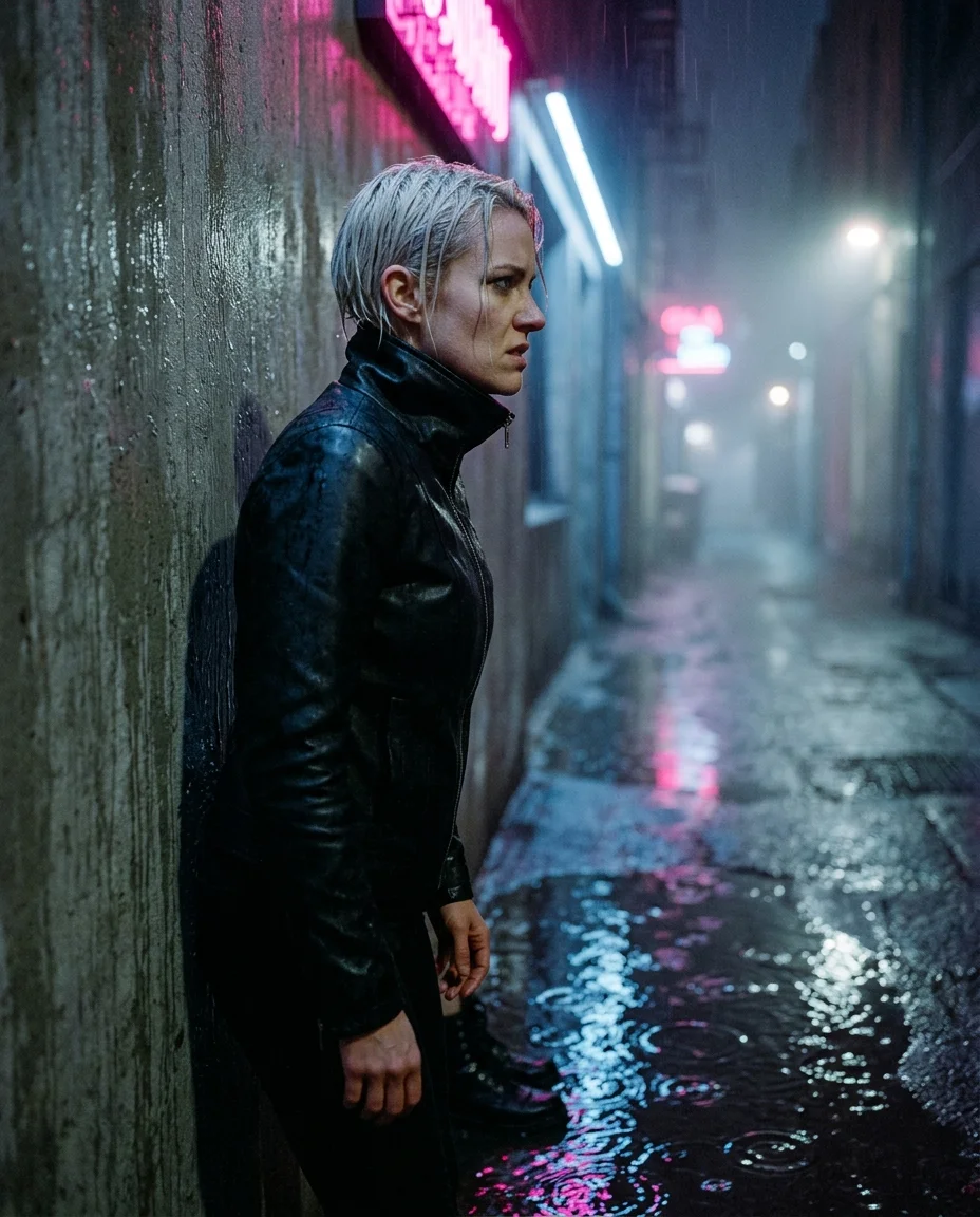 Profil à trois quarts d'une femme appuyée contre un mur de béton mouillé dans une ruelle néon, la lumière magenta et bleue se reflétant dans une flaque d'eau à