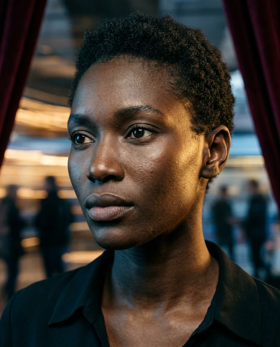 Intense close-up portrait of a woman in sharp focus, streaking light trails and blurred figures moving behind her