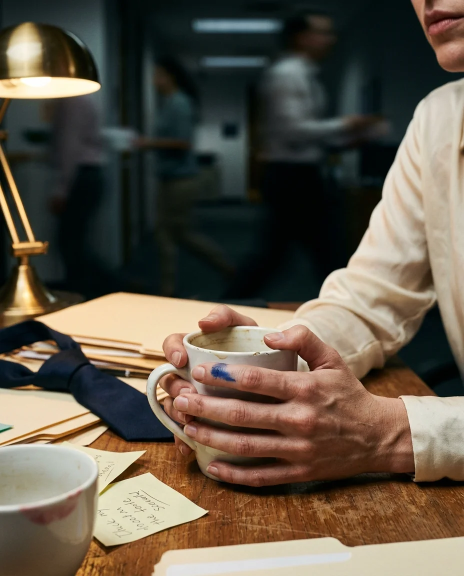 Close-up of hands gripping a coffee cup on a cluttered desk, knuckles tense, ink-stained finger, warm amber light from a desk lamp