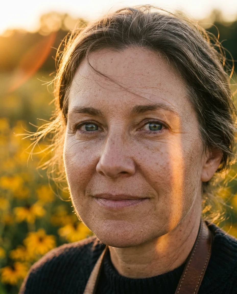 Intimate sunset close-up portrait with golden light crossing the cheek and warm bokeh flowers behind