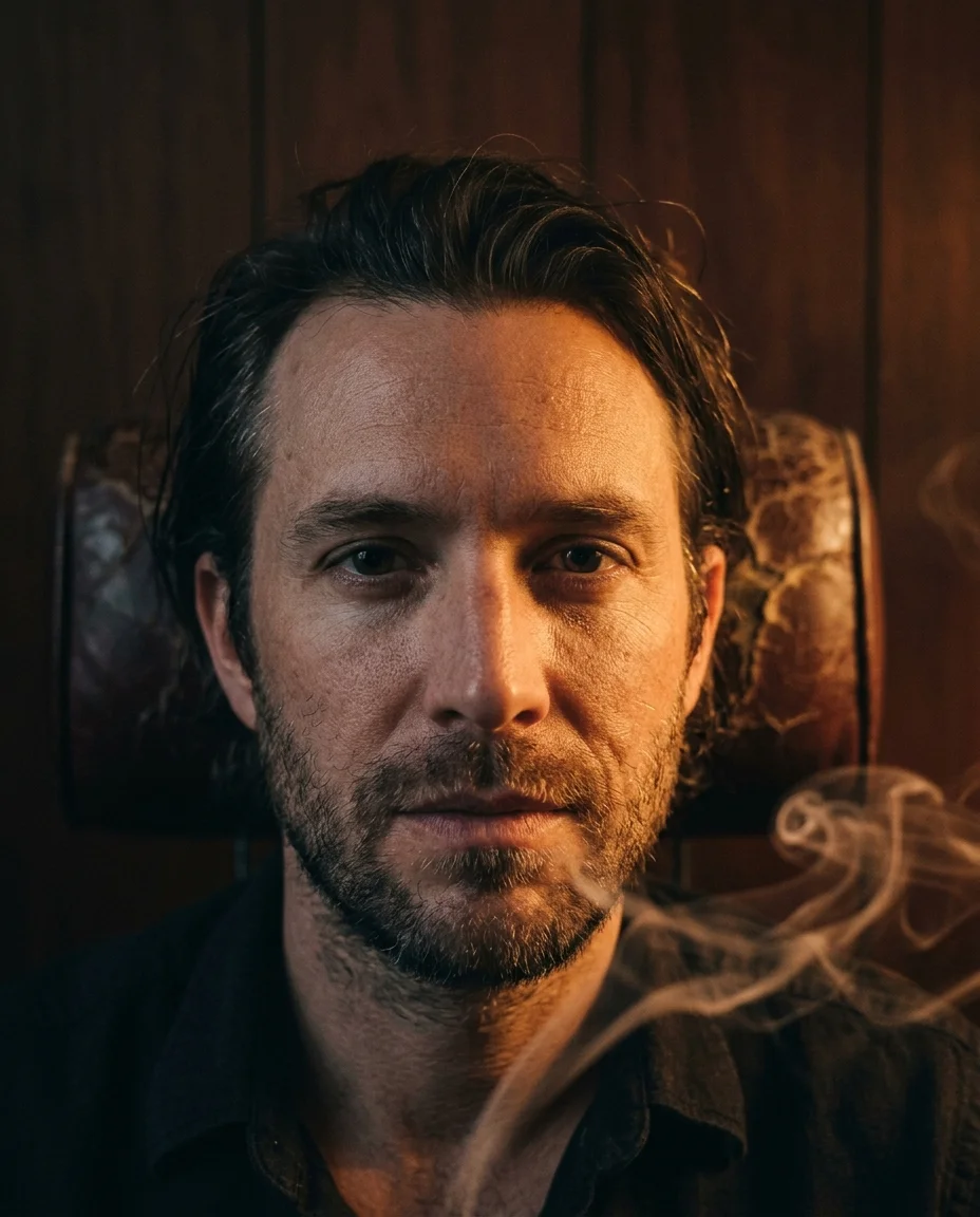 Close-up vintage study portrait with half the face in warm amber light and half in shadow, smoke wisps crossing the frame