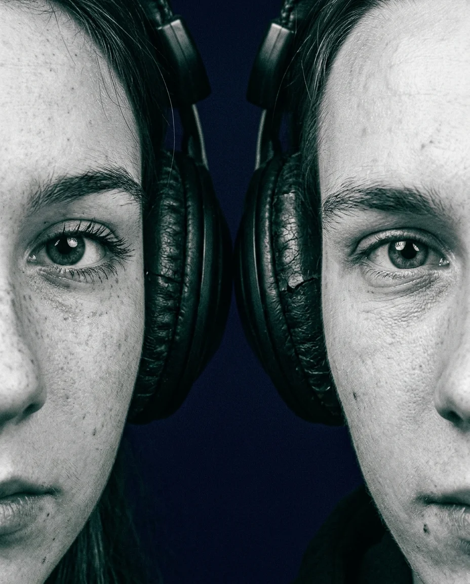 Extreme close-up of two pairs of eyes framed by vintage headphone pads, intense direct gaze, heavy film grain