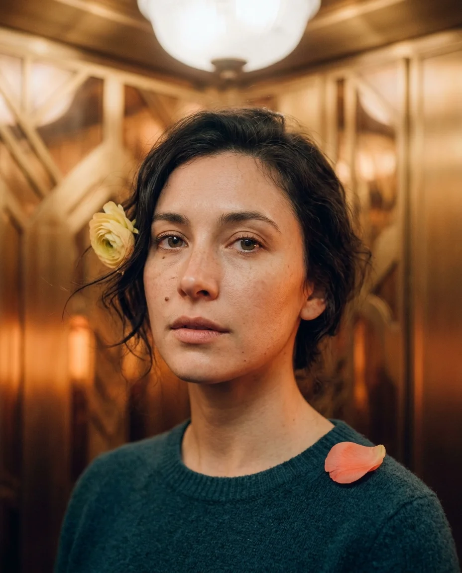 Close-up portrait in brass elevator with warm panel reflections on skin and scattered flower petals on shoulder and hair