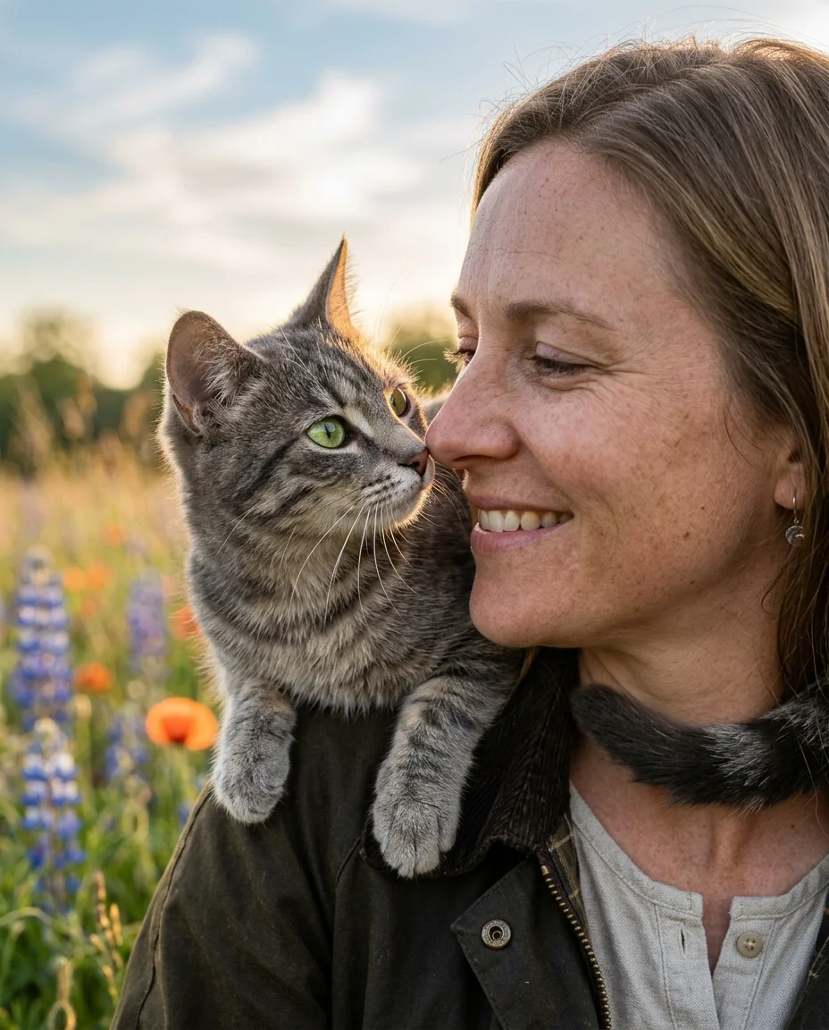 Intimate close-up of face and gray tabby cat nearly nose to nose, golden hour light catching whiskers and skin