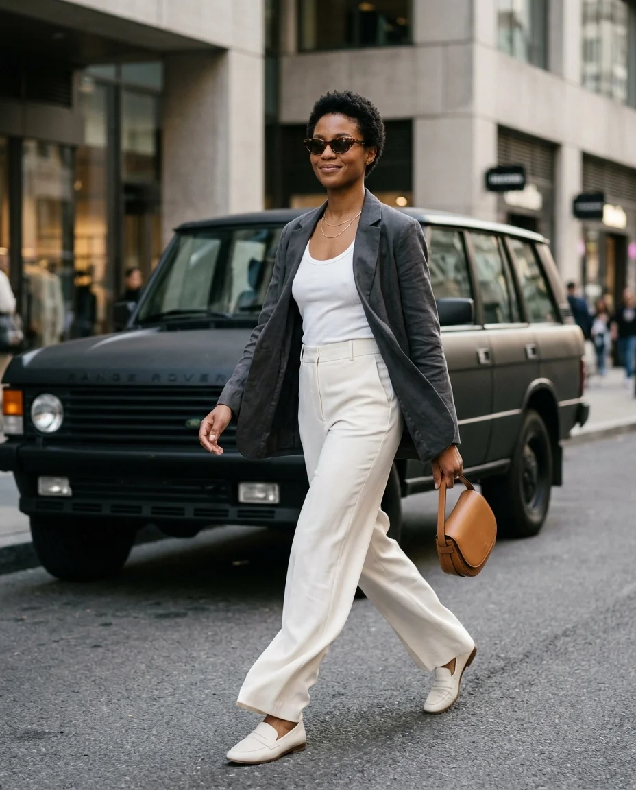 امرأة أنيقة تمشي بجانب سيارة Range Rover كلاسيكية، بليزر كتان يتدفق مفتوحًا، وسروال أبيض خارج اللون يتأرجح في منتصف خطوتها