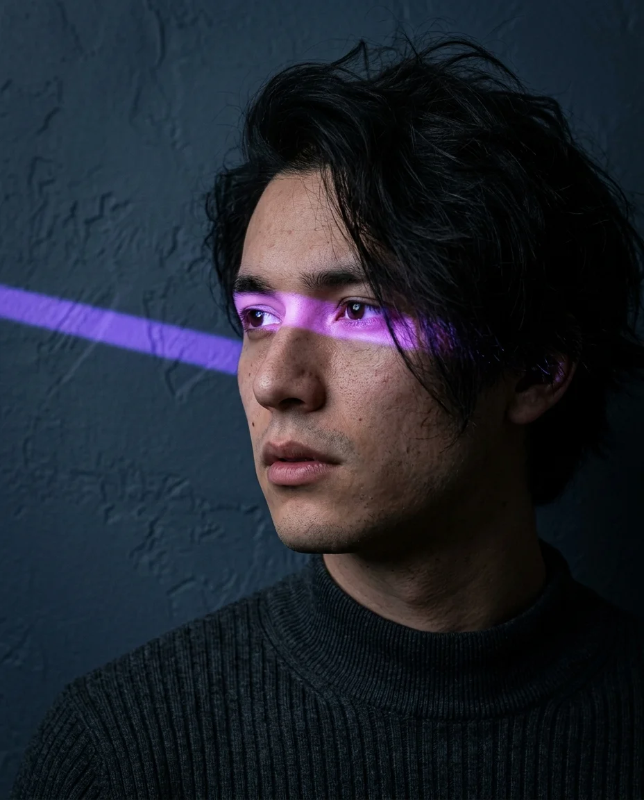 Three-quarter dramatic portrait with violet neon band cutting diagonally across the face, one eye in shadow