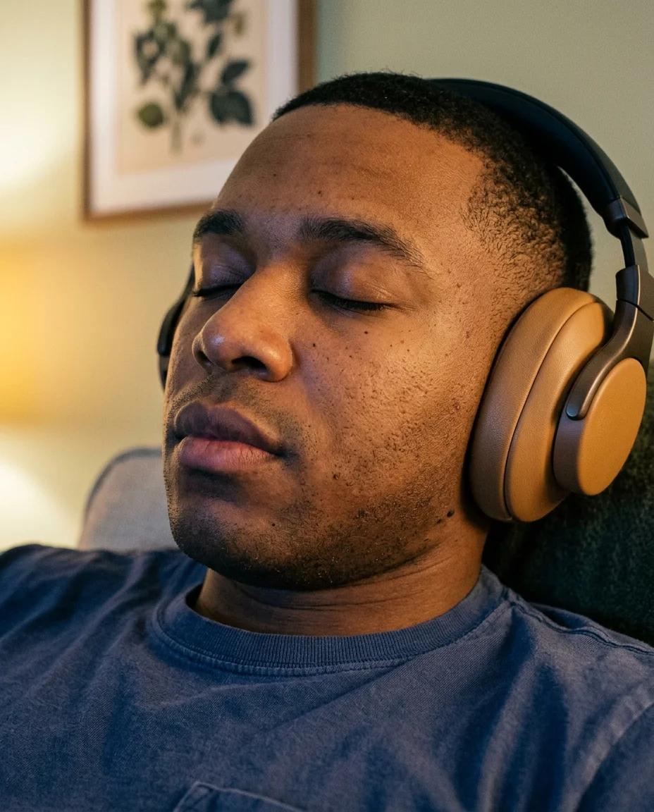 Serene close-up with eyes closed wearing tan headphones, warm amber and cool blue light mixing on the face