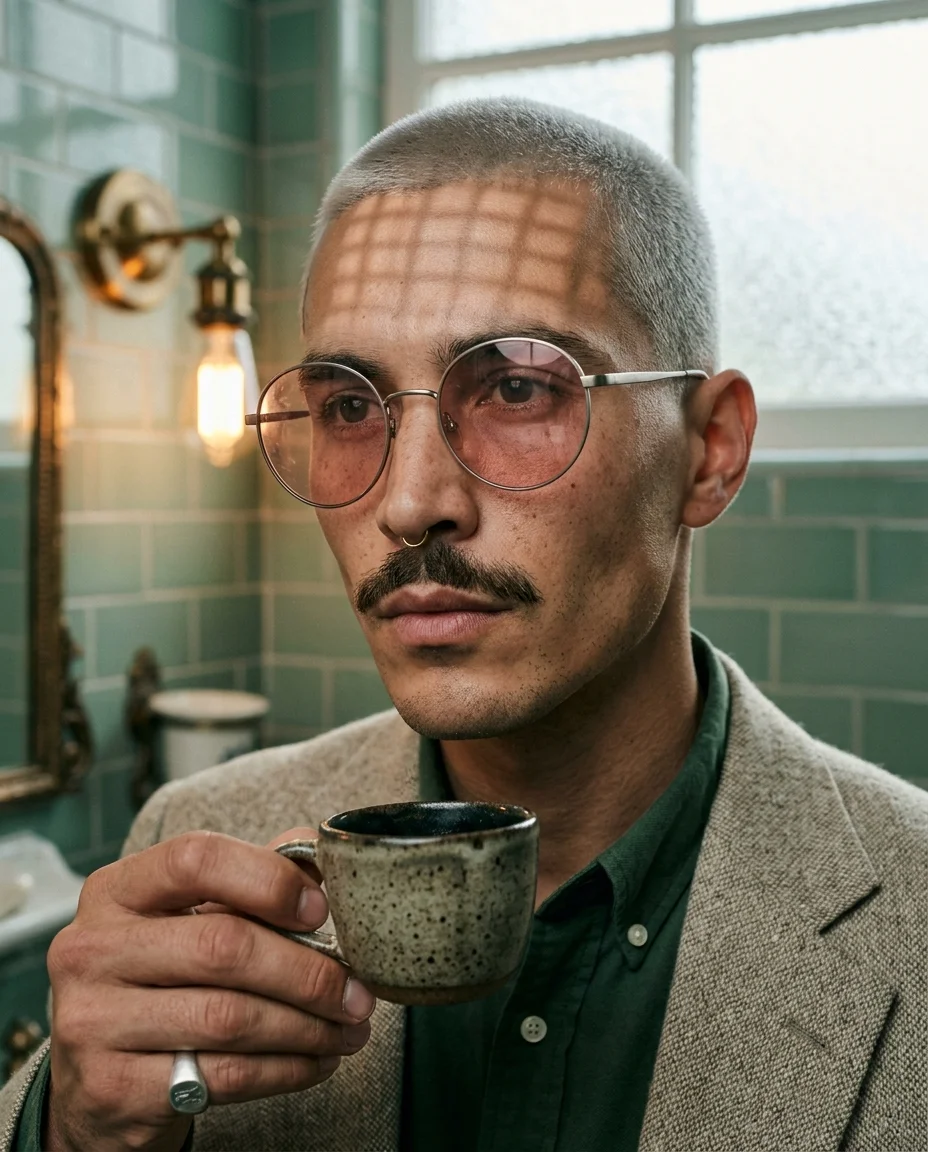 صورة شخصية مقربة في حمام عتيق، نظارات وردية مع أنماط ظلال شبكية من نافذة علوية على الوجه