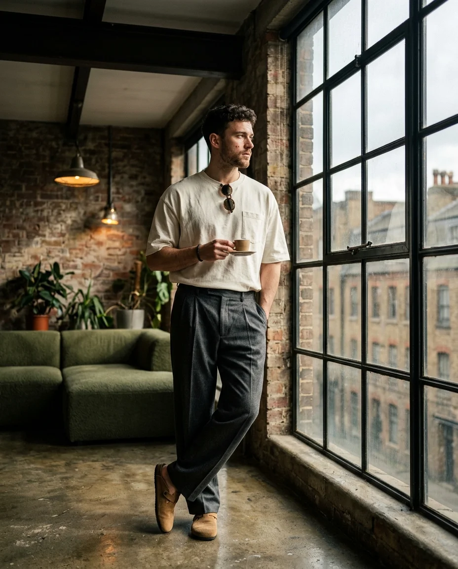 Male model standing by an industrial window in a warehouse loft holding an espresso, strong side light from the window