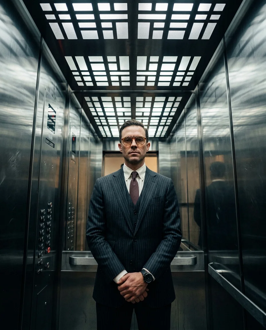 رجل يرتدي بدلة بثلاث قطع مخططة في وسط مصعد شحن من الفولاذ المقاوم للصدأ، ظلال LED هندسية، تناظر من زاوية منخفضة، نيو-نوار
