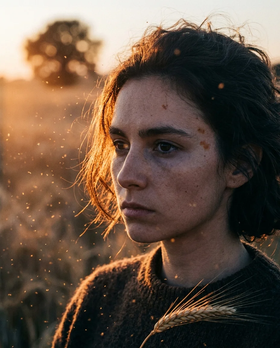 Close-up golden hour portrait with thousands of backlit mist particles floating around the face, warm copper and cool indigo split