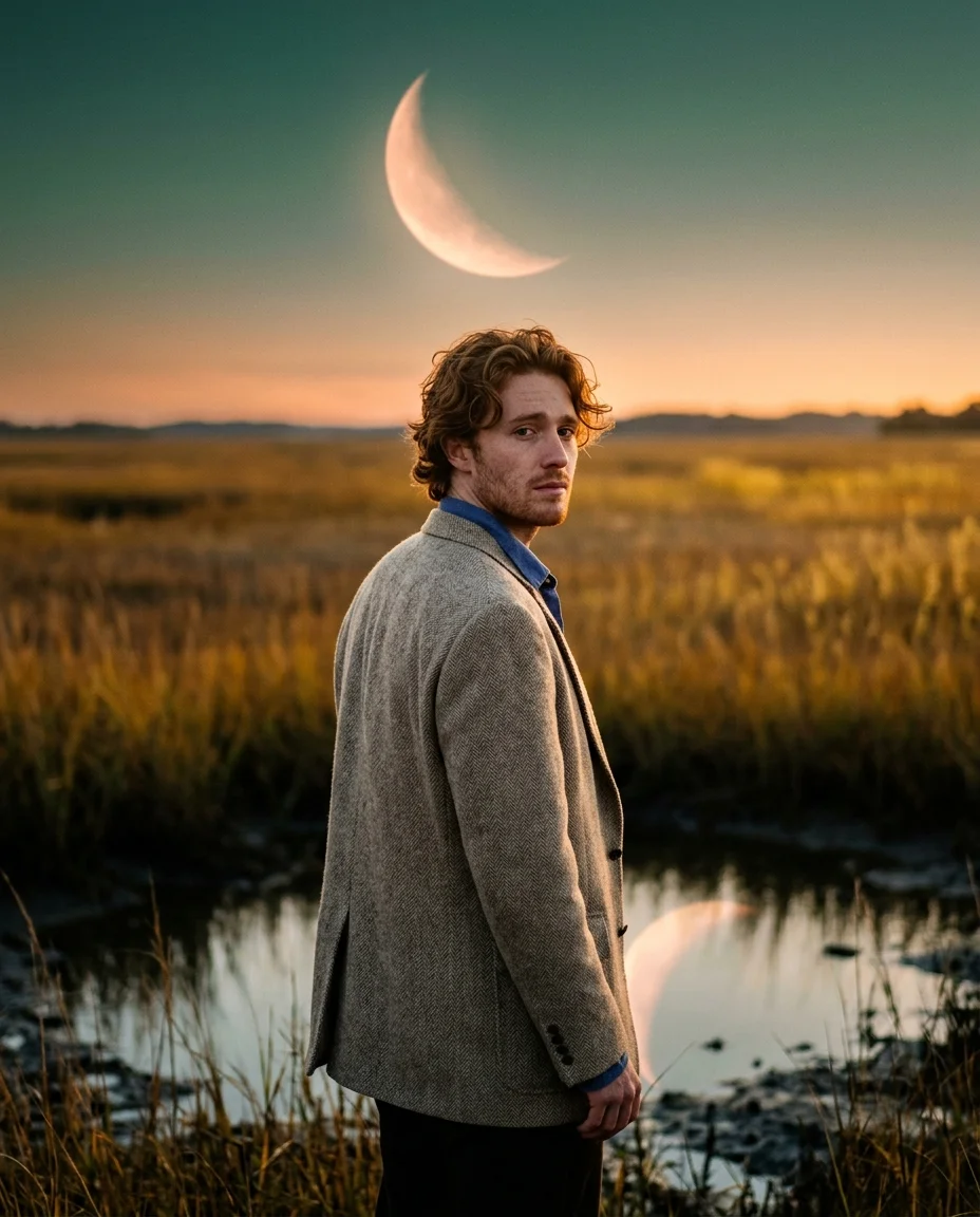Back view of a man in oatmeal tweed blazer looking over his shoulder in a salt marsh at dusk, moon reflected in a tidal pool
