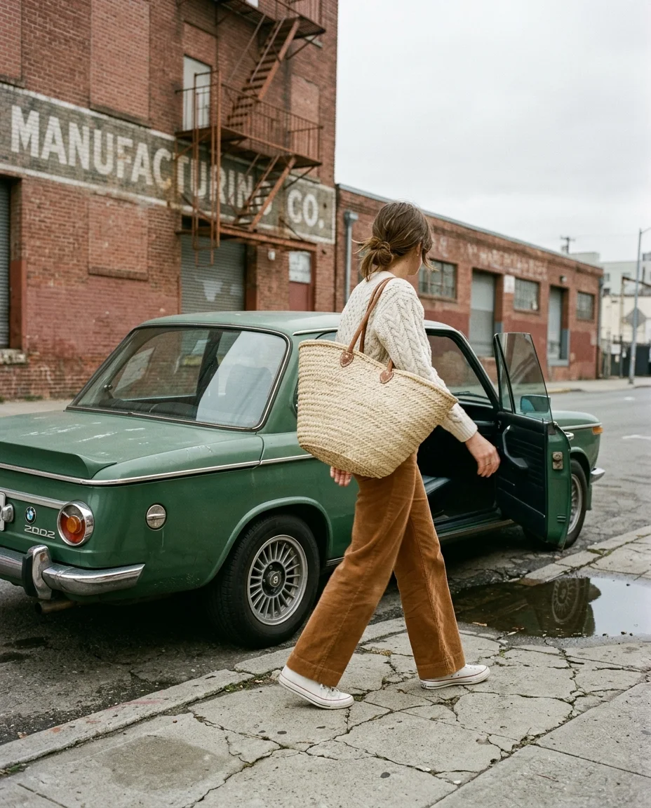 Candid full-body street photography, urban warehouse district backdrop. Vehicle: Forest Green 1974 BMW 2002 Turbo, front three-quarter view, chrome bumper...