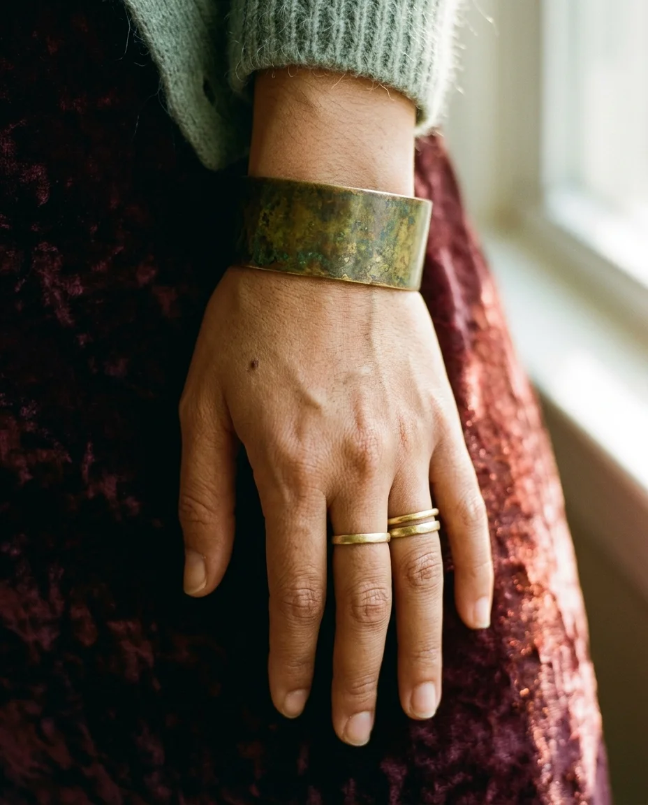 Extreme close-up of a hand resting on deep burgundy crushed-velvet fabric. A wide oxidized brass cuff bracelet encircles the wrist,...