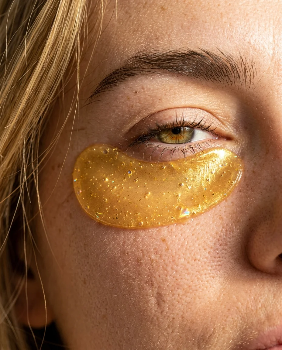 Extreme close-up macro of a face wearing golden hydrogel under-eye patches. The left eye and cheek fill the frame. The...