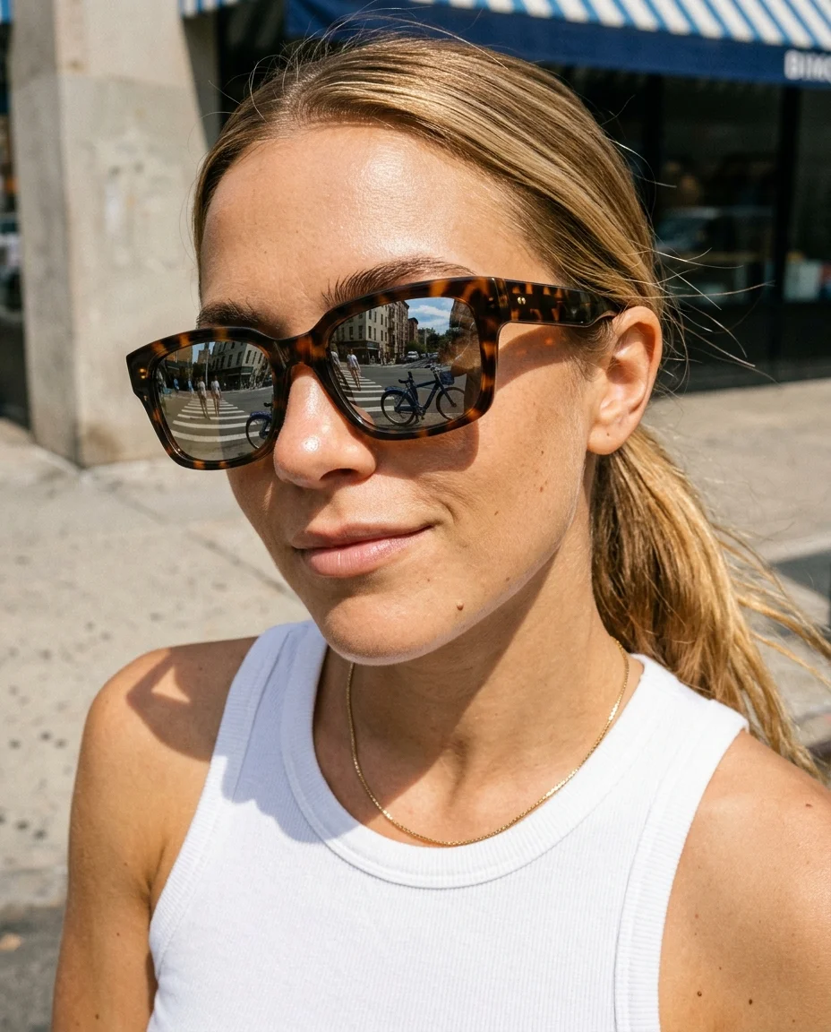 Eye-level close-up portrait, harsh midday sun, street style influencer aesthetic. A woman faces the camera straight on, honey-blonde hair pulled...