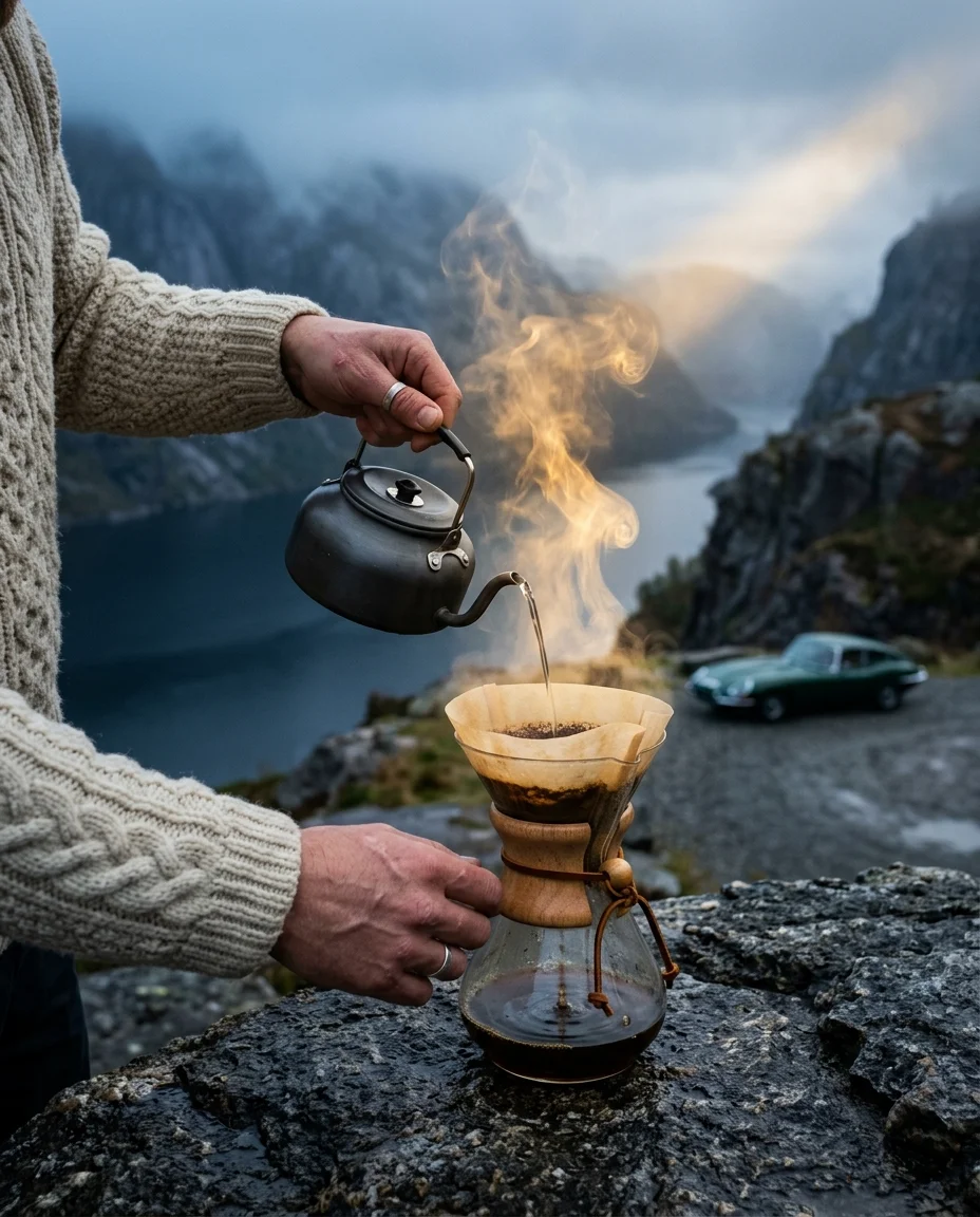 لقطة مقربة لوعاء Chemex زجاجي مع قهوة في منتصف السكب على صخرة مسطحة، بخار رقيق يتصاعد في هواء المضيق البارد صباحًا، سيارة كوبيه خضراء ضبابية في الخلف