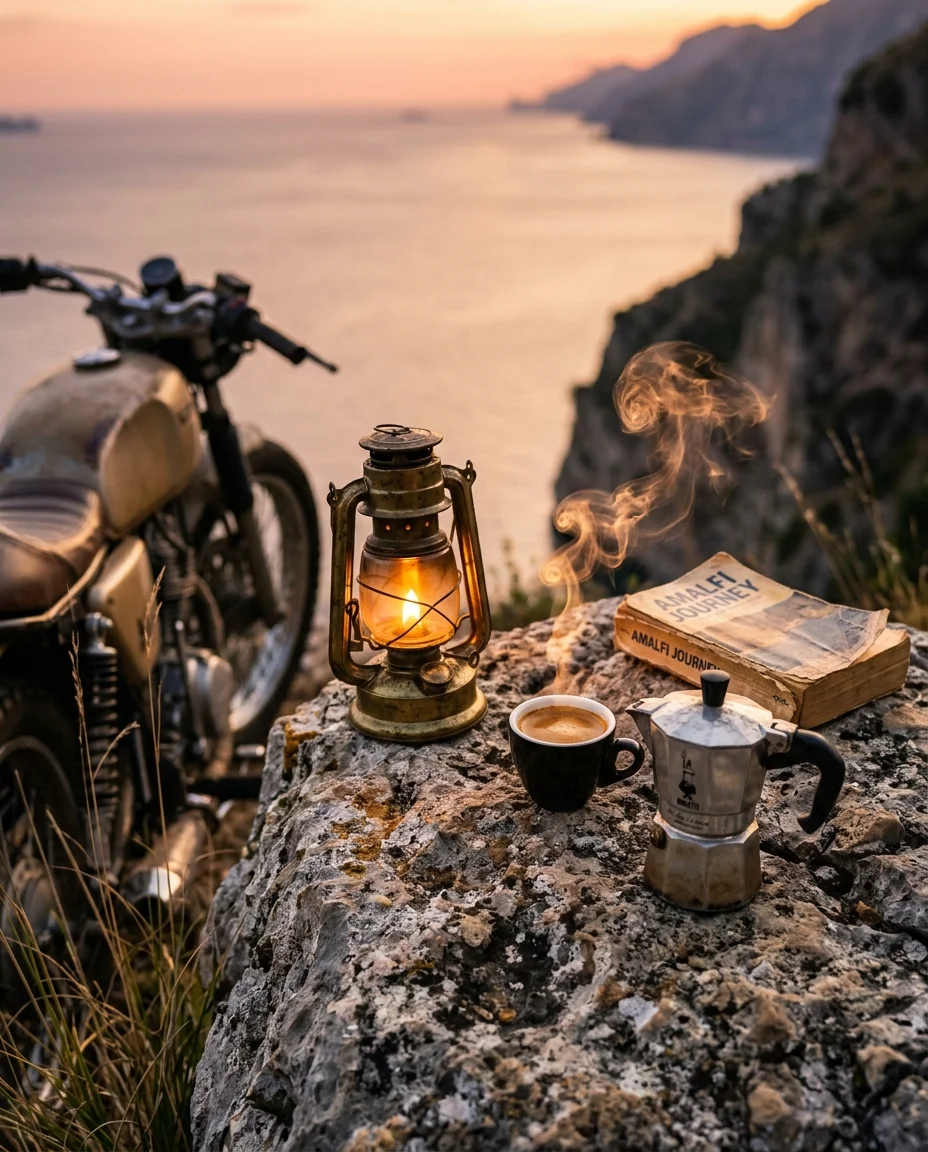 Gros plan d'une petite cafetière italienne en métal et d'une tasse à expresso sur un sol rocheux à côté d'une lanterne en laiton brillante, mer et coucher de