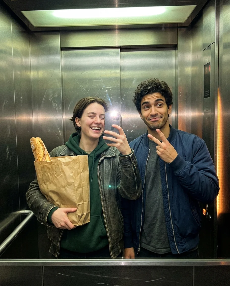 Quick follow-up elevator selfie with flash, both subjects more visible, amused expressions, still tilted and imperfect