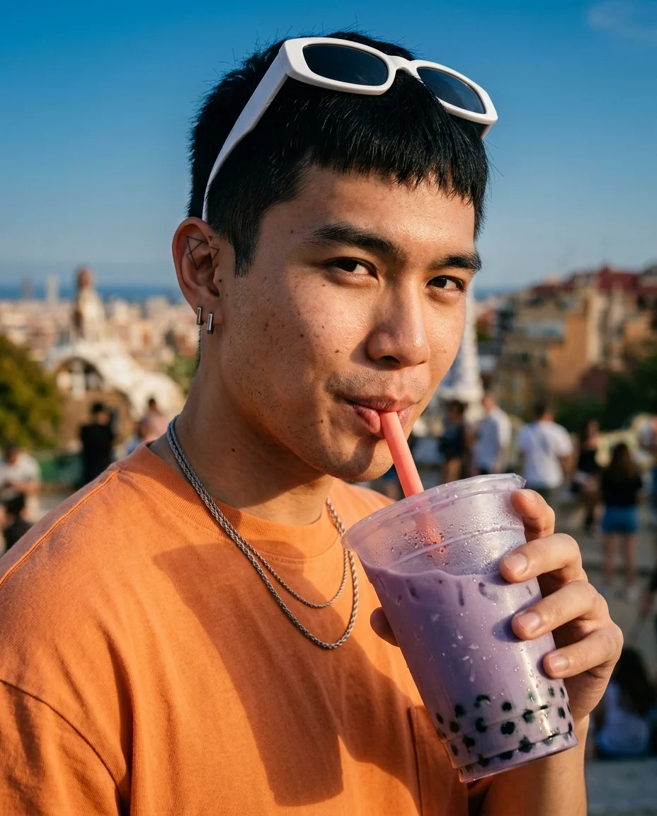 Close-up of a young man mid-sip of taro boba tea on a Barcelona rooftop, golden light warming his face