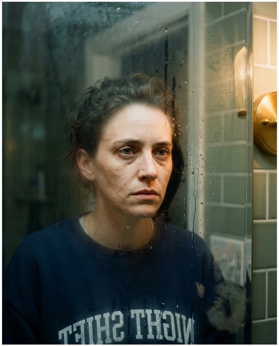 Close-up of an intense face reflected through foggy bathroom mirror, condensation droplets and rivulets, warm amber light on one side