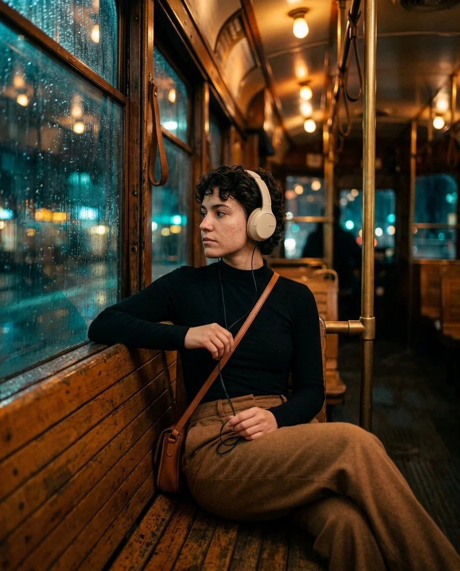 شخص يرتدي قميصًا أسود بياقة عالية وسماعات رأس كريمية يجلس وحيدًا في ترام عتيق مضاء بضوء كهرماني دافئ، يتأمل من النافذة المبللة بالمطر ليلاً