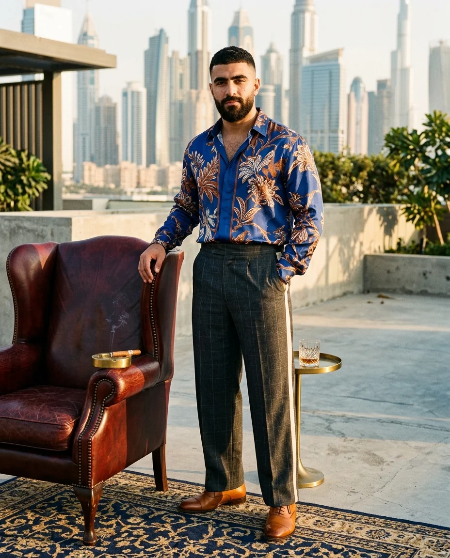 رجل يقف بجوار كرسي بذراعين من جلد الثور على سطح منزل، يده على الجناح، أفق زجاجي وفولاذي في الساعة الذهبية في الخلف