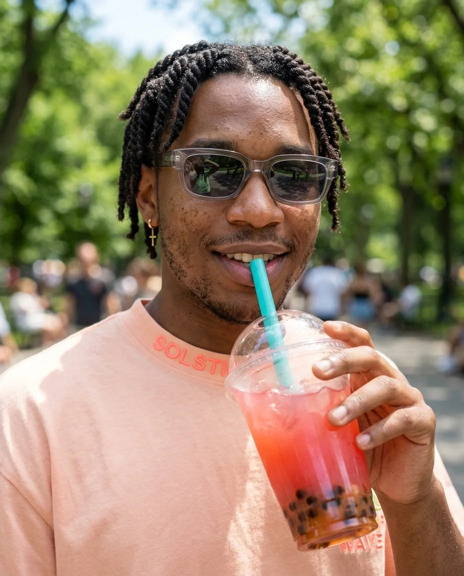 Close-up of a young Black man about to sip strawberry boba, smoky sunglasses reflecting summer foliage, bright daylight