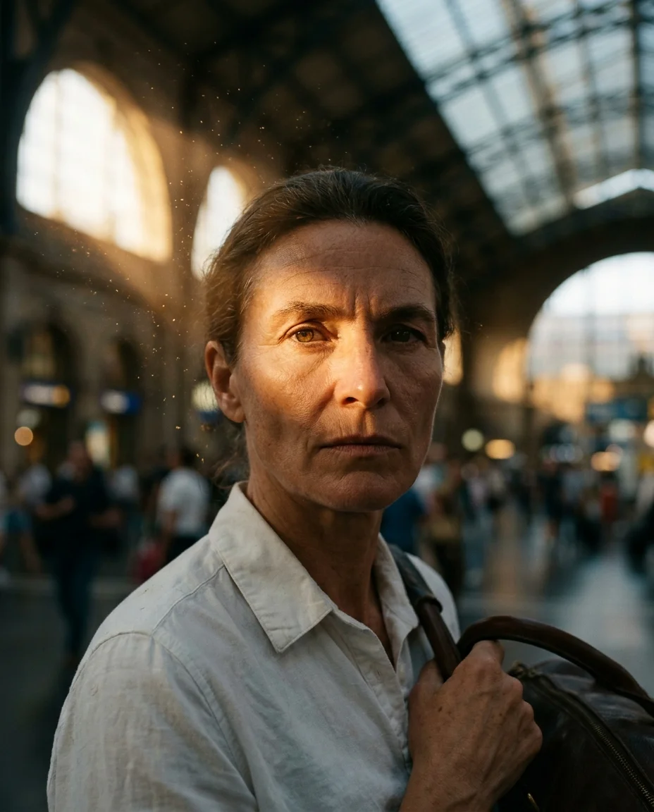 Close-up portrait in a train station, diagonal golden light shaft across the face, dust motes floating, half the face in warm amber, half in shadow