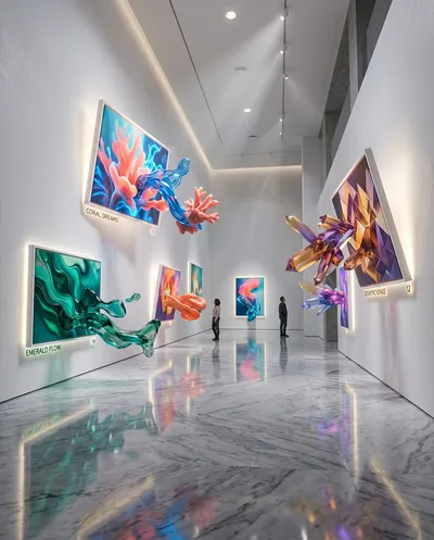 A surreal modern art gallery interior where framed paintings physically float off white walls and their depicted subjects transform into...