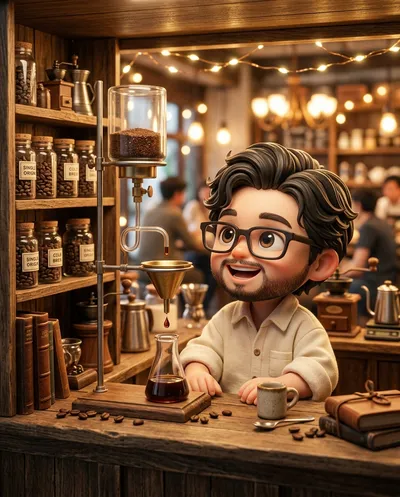 مشهد مصغر عمودي مجسم داخل مقهى عتيق مريح مع إضاءة ذهبية دافئة تلقي توهجًا جذابًا في جميع أنحاء...
