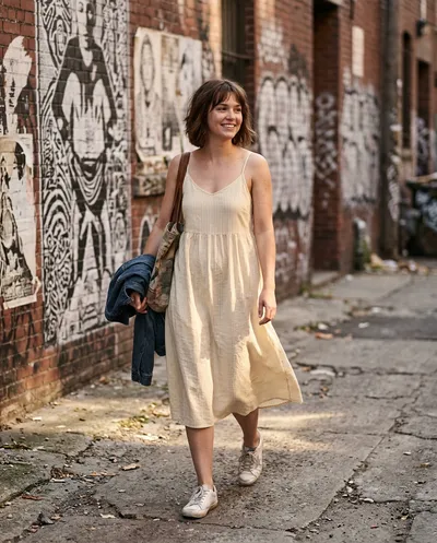Full-body editorial portrait walking through a graffiti alleyway in a buttercream sundress, dappled sunlight and stencil street art