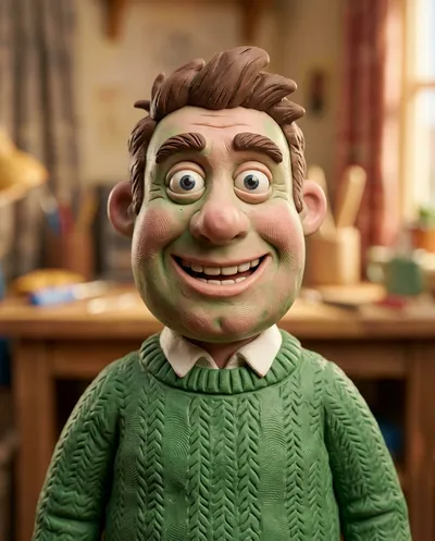 صورة شخصية أمامية بأسلوب الطين لرجل طيني مرح مع بصمات أصابع مرئية بأسلوب Aardman.