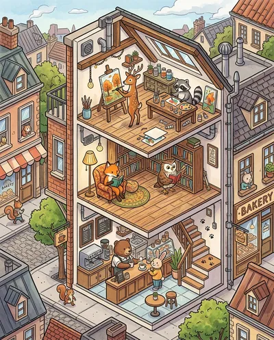 Eine hochdetaillierte isometrische 2.5D-Architekturschnitt-Illustration eines lebendigen Gemeinschaftsgebäudes, gezeigt als ein zugeschnittener Abschnitt