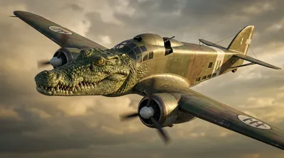 عرض ثلاثي الأبعاد بزاوية ثلاثة أرباع لـ Bombardiro Crocodilo، قاذفة قنابل من الحرب العالمية الثانية برأس تمساح، تنعطف عبر سحب ذهبية.