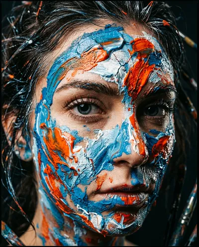 صورة مقربة للغاية بتقنية الماكرو تحول الوجه البشري إلى لوحة فنية طليعية حية. الموضوع هو أنثى...