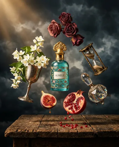 إعلان عطري فاخر مستوحى من الباروك السريالي يضم زجاجة عطر زجاجية مزخرفة بنقوش زهور فيروزية مع غطاء ذهبي مزخرف، تطفو...