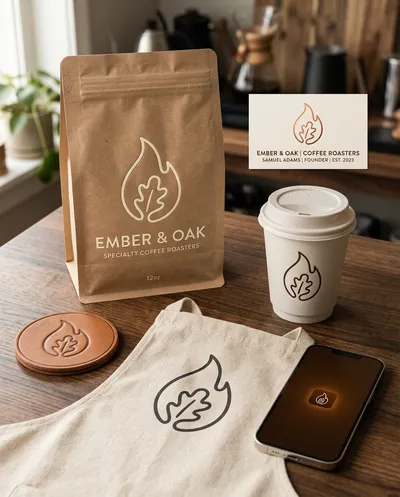 دراسة حالة هوية علامة تجارية احترافية لمحمصة قهوة متخصصة خيالية تسمى "Ember & Oak" شعارها عبارة عن خط واحد مستمر يشكل